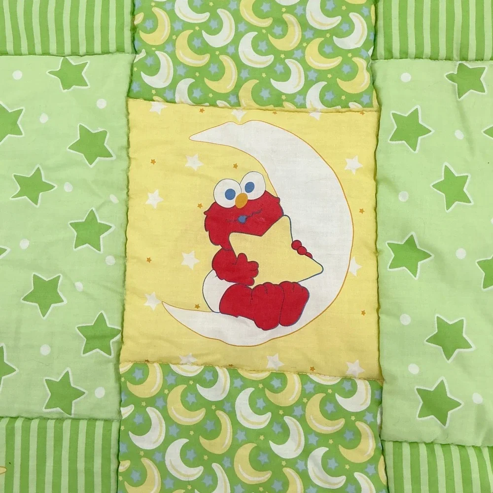 Vintage 90s Sesame Street Baby Quilt Toddler Green Yellow Elmo Big Bird 32